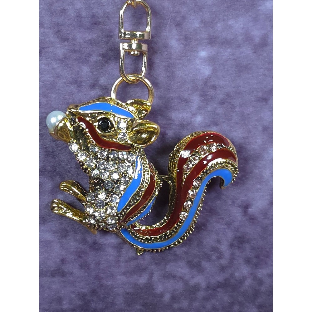 Sparkling Rhinestone Squirrel Charm Keychain Pearl Accent Gold Tone